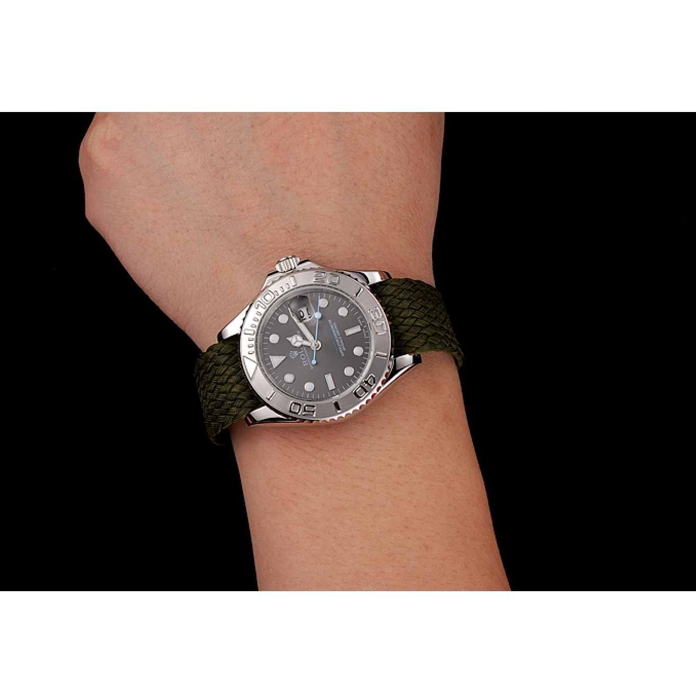 Aaa replica watch Green Fabric Yacht Rolex Master 1453869 Bracelet Green Dial 0823